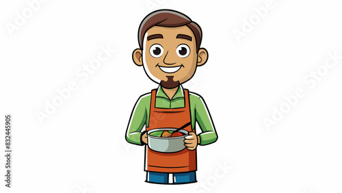 A volunteer at a local soup kitchen wearing a matching apron and serving food with a genuine smile embodying a sense of altruism and purpose.. Cartoon Vector.