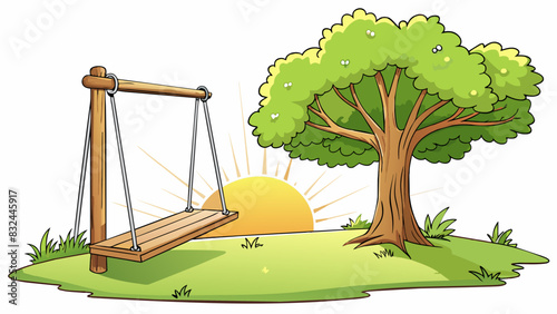 A vintage wooden swing hanging from a sy oak tree its ropes gently swaying in the breeze as it overlooks a peaceful sundappled meadow.. Cartoon Vector.