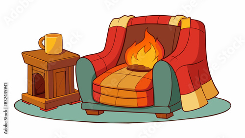 A warm cozy fireplace with a crackling fire surrounded by comfortable seating and inviting blankets.. Cartoon Vector.