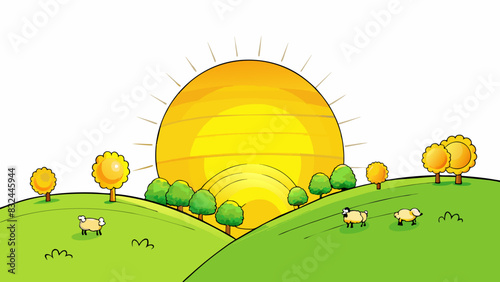 A warm golden sun hung low in the sky casting a soft glow over the rolling green hills dotted with grazing sheep.. Cartoon Vector.