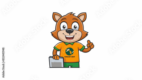 A warm and friendly animal mascot with approachable facial features wearing a branded tshirt and holding a sign with the companys logo inviting. Cartoon Vector.