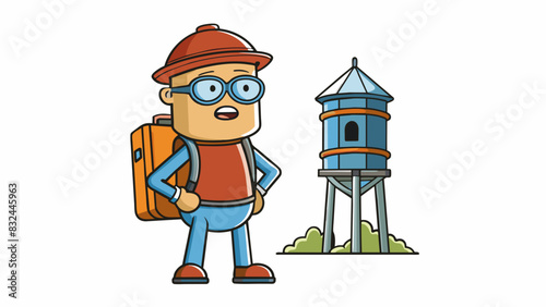 A weary traveler recognizes the familiar sight of a water tower in the distance signifying their destination is near.. Cartoon Vector.