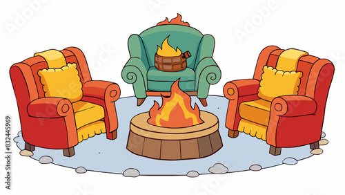 A warm crackling fireplace surrounded by cozy armchairs and fuzzy blankets inviting friends to gather and share stories and laughter.. Cartoon Vector.