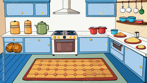 A wellstocked kitchen with gleaming countertops and sleek modern appliances. The smell of freshly baked cookies lingers in the air and decorative e. Cartoon Vector.
