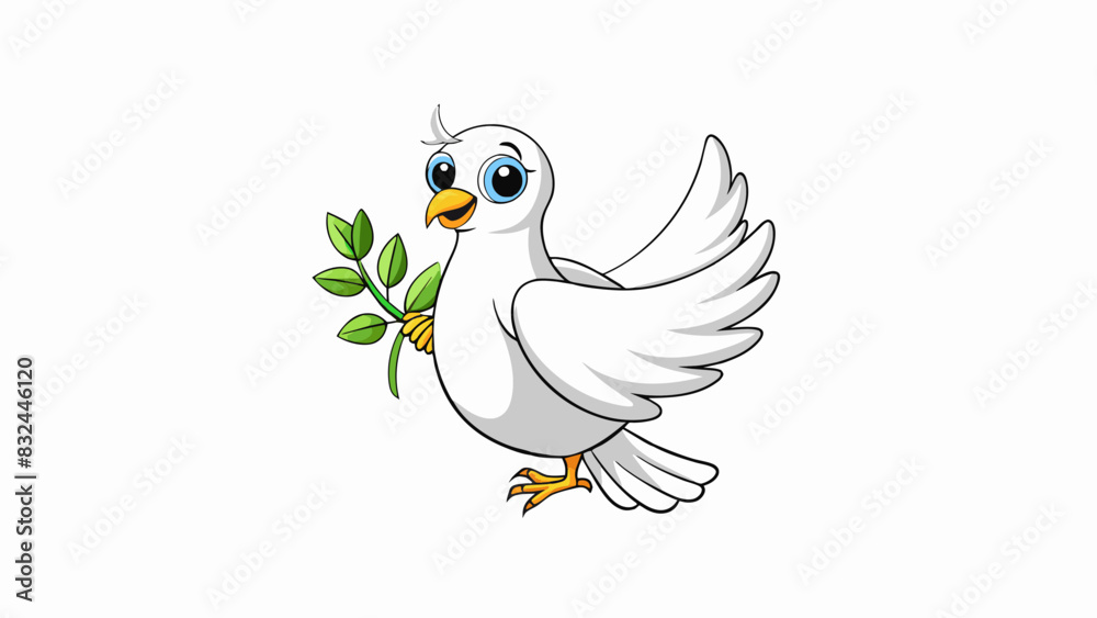 Obraz premium A white dove holding an olive branch in its beak is a classic representation of the theme of peace. The birds gentle demeanor and the simple olive. Cartoon Vector.