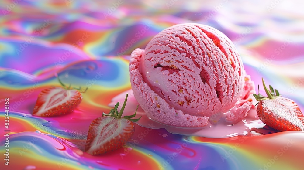 Vibrant image of a scoop of strawberry ice cream on a bright, multicolored abstract background, emphasizing the contrast and playfulness Vibrant image of a scoop of strawberry ice cream on a bright, multicolored abstract background, emphasizing the contrast and playfulness