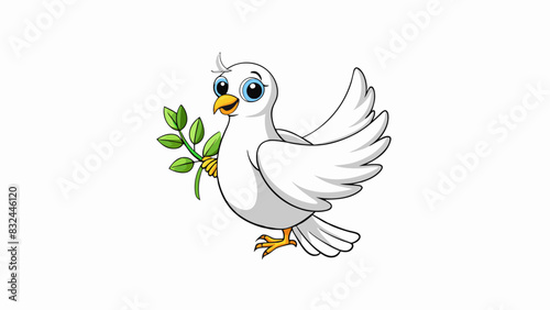 A white dove holding an olive branch in its beak is a classic representation of the theme of peace. The birds gentle demeanor and the simple olive. Cartoon Vector.