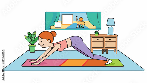 A woman is doing yoga on a soft mat in her living room. She is in a downwardfacing dog pose her hands and feet grounded while her body forms an. Cartoon Vector. photo