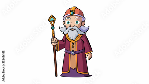A wise old man with an air of benevolence and wisdom adorned in simple yet elegant robes and carrying a staff adorned with precious gems revered and. Cartoon Vector.