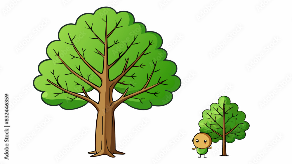 A young sapling is compared to a towering oak tree. The sapling is thin and delicate with vibrant green leaves and a single small branch while the oak. Cartoon Vector.