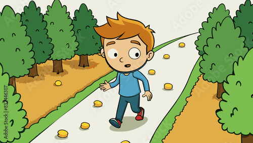 A young boy eagerly following a trail of breadcrumbs through a dense forest.. Cartoon Vector.
