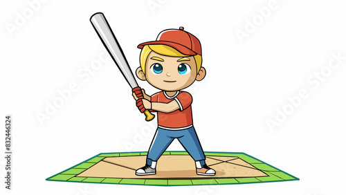 A young boy stood in front of a baseball diamond his hand gripping a bat tightly. His intention was clear to hit the ball as far as he could and score. Cartoon Vector.