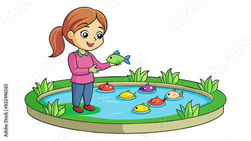 A young girl happily counted each of the colorful little fish in her backyard pond making sure all nine of them were accounted for.. Cartoon Vector.