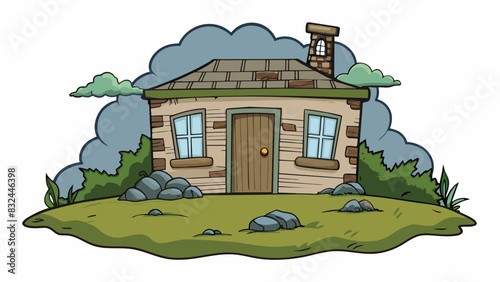 Against the backdrop of a stormy sky a lone abandoned house sat on a desolate hill. Its walls were weathered and covered in vines and the windows were. Cartoon Vector.