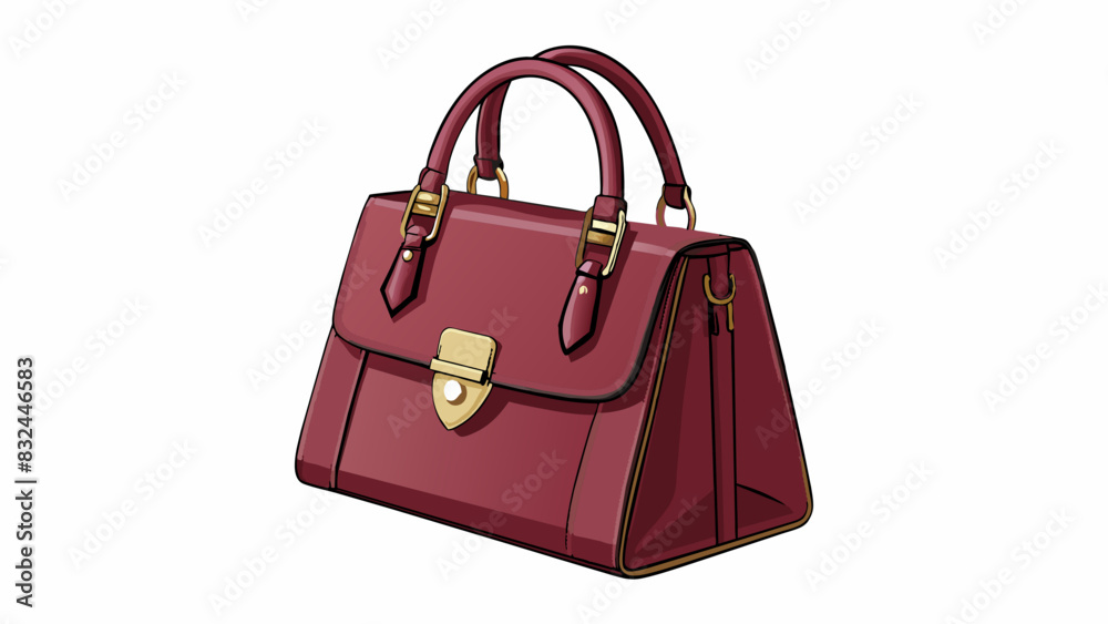 An elegant structured satchel handbag in a rich burgundy color. The bag is made of genuine leather with gold hardware and features a top handle and a. Cartoon Vector.