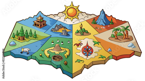 An ancient map of a kingdom featuring handdrawn illustrations of mythical creatures and landmarks. The map is divided into four sections each. Cartoon Vector.