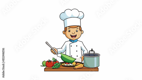 An aspiring chef eagerly undertakes the task of making a delicious meal for her guests. She skillfully chops vegetables stirs pots and checks the oven. Cartoon Vector.