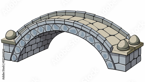 An arched stone bridge crafted from smooth gray rocks and adorned with intricate carvings crossing over a peaceful canal.. Cartoon Vector.