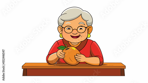 An elderly woman sitting at a wooden table peeling a ripe juicy mango. The skin of the mango is a deep redorange color with a slight fuzziness to it.. Cartoon Vector.