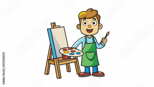 An artist sitting at their easel painstakingly detailing each stroke of their painting. The colorful palette on their table and messy apron reveal. Cartoon Vector. photo