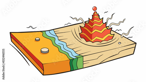 An earthquake wave radiating from its epicenter shaking the ground with a rolling motion and causing objects to vibrate.. Cartoon Vector.