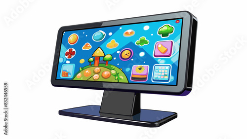 An electronic display screen with vivid graphics and bold text. The screen is mounted on a sleek black stand and is programmed to showcase different. Cartoon Vector.