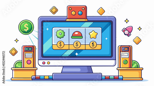 An electronic screen with flashing lights and colorful graphics displaying a variety of different games to choose from. Players insert money and press. Cartoon Vector.