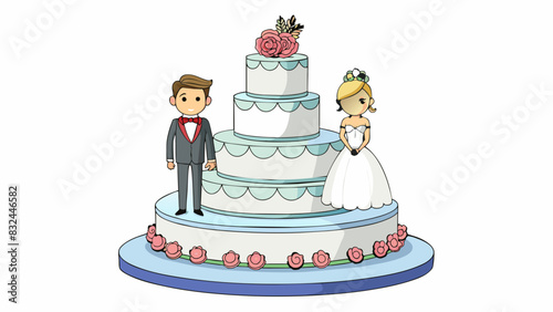 An elegant fourtiered wedding cake adorned with intricate white frosting and delicate sugar flowers. The fourth layer was the thickest and featured a. Cartoon Vector.