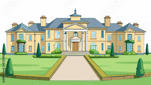 An elegant mansion with a grand entrance and a long winding driveway. The exterior is made of creamcolored stones and features decorative pillars. The. Cartoon Vector.
