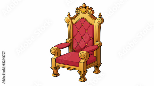 An intricately carved wooden chair with a high back and armrests fit for a royal king or queen. Its rich dark color is complemented by plush velvet. Cartoon Vector.