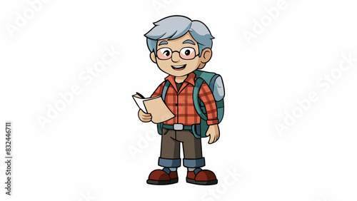 An individual in their 40s with short grey hair wearing a flannel shirt and hiking boots carrying a backpack and a map. They have a determined look on. Cartoon Vector.