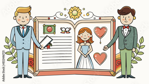 An intricately designed wedding invitation showcasing the couples personal touches and style as they announce their union to the world.. Cartoon Vector.