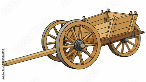 An intricately designed wagon wheel made of thin woven strands of wood and held together with metal spokes. This wheel is attached to a horsedrawn. Cartoon Vector.