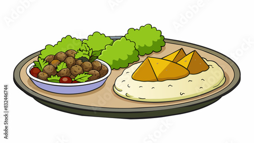 An Iraqi feast featuring an array of dishes such as fragrant rice tender lamb and stuffed g leaves. The food is bursting with flavors of cumin. Cartoon Vector.