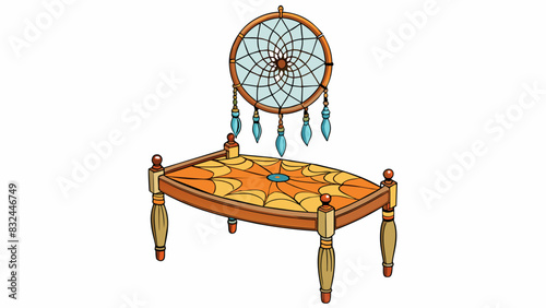 An intricately woven dreamcatcher hangs above a Native Americans bed as it has for centuries. The woven pattern of the dreamcatcher is passed down. Cartoon Vector.
