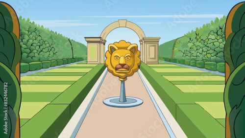 An oldfashioned door knocker in the shape of a lions head serving as a subtle yet grand welcome to a lavish estate. The pathway leading to the house. Cartoon Vector.