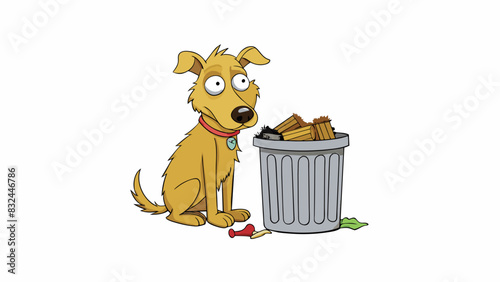 An old feeble dog with matted fur and painfully thin body scavenging for scraps of food in a garbage bin behind a restaurant.. Cartoon Vector.