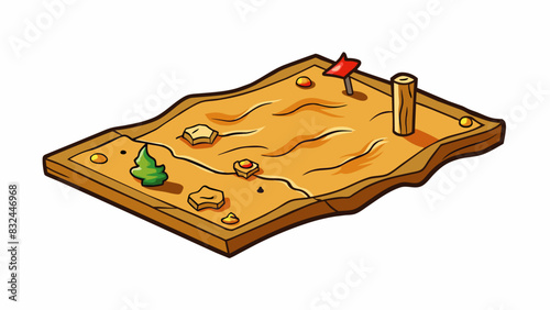 As the campfire roars Scout is a wooden trail map with a faded design and handdrawn trails. It has a few wrinkles and tears but remains an essential. Cartoon Vector.