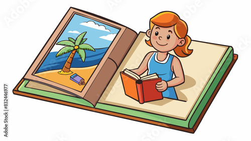 As she flipped through an old photo album the woman tried to recall the details of a summer vacation she took as a child. She remembered the warm sand. Cartoon Vector.