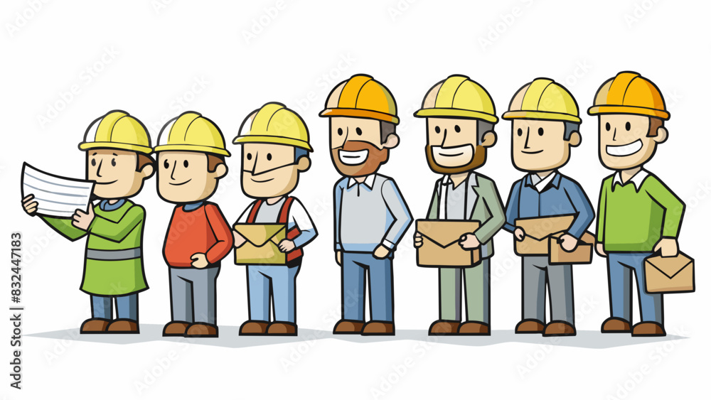 At a construction site a group of hardhat workers stand in line to receive their weekly wage from their supervisor the thick envelopes filled with. Cartoon Vector. At a construction site a group of hardhat workers stand in line to receive their weekly wage from their supervisor the thick envelopes filled with. Cartoon Vector.