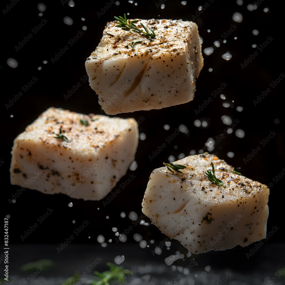 Levitating Seasoned salmon with Herbs and Spices Levitating Seasoned salmon with Herbs and Spices