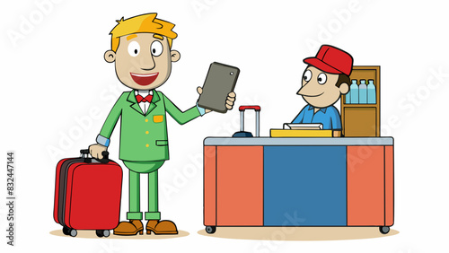 At a hotel a guest is someone who checks in with a large suitcase and a tired expression ready to relax and unwind. They ask the front desk about. Cartoon Vector.