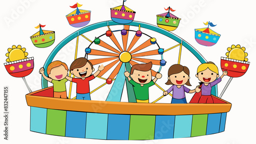At a lively carnival a group of friends rides a ferris wheel that offers a stunning surround view of the colorful lights and bustling crowds below.. Cartoon Vector.