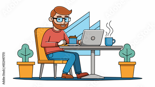 At a coffee shop a writer can be found sipping on a steaming drink while typing intently on their laptop. They are focused and dedicated blocking out. Cartoon Vector.