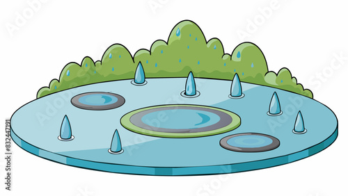 At first the rain was just a misty spray ly noticeable on the surface of the calm lake. But as it grew stronger the water began to ripple and dance. Cartoon Vector.