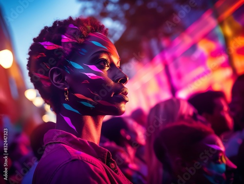 Street art festivals close up, focus on, copy space Bright and vibrant colors Double exposure silhouette with festival crowds photo