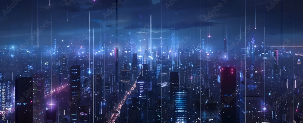 Fototapeta premium Advanced Urban Management City Skyline at Night with Glowing Data Streams Connecting Buildings