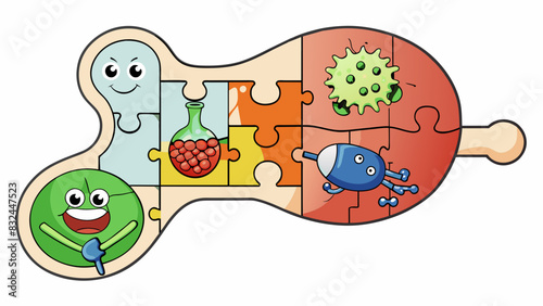 Digestion is like a puzzle with different enzymes and acids working together to break down food molecules and fit them perfectly into their respective. Cartoon Vector.