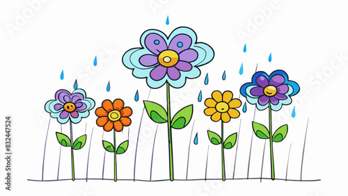 Despite the rain pouring down and the wind howling the flowers in the garden stood tall and vibrant. Their delicate petals and strong stems showed. Cartoon Vector.