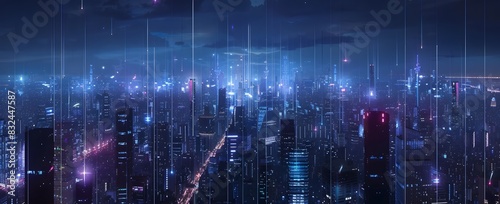 Advanced Urban Management City Skyline at Night with Glowing Data Streams Connecting Buildings